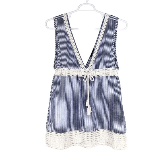 J Crew Women M 60% Linen Swim Dress Striped Eyelet Lace Tassel Drawstring Beachy - Picture 7 of 14